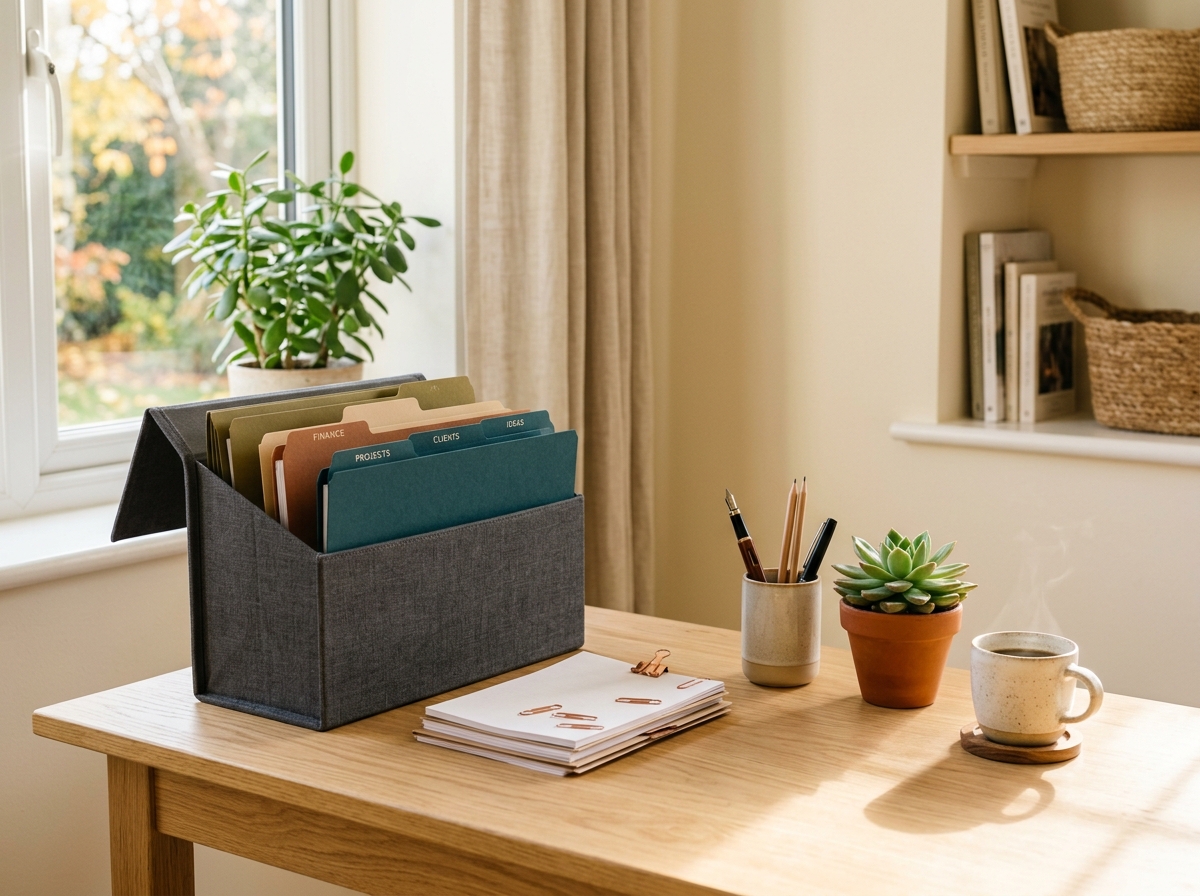 Organized home office desk with labeled file folders, neatly stacked papers, and warm natural light